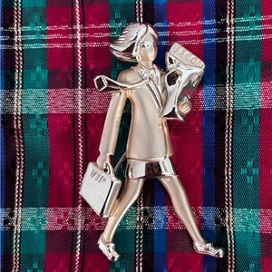 Vintage Brooch Working Woman Gold tone metal Signed AJC